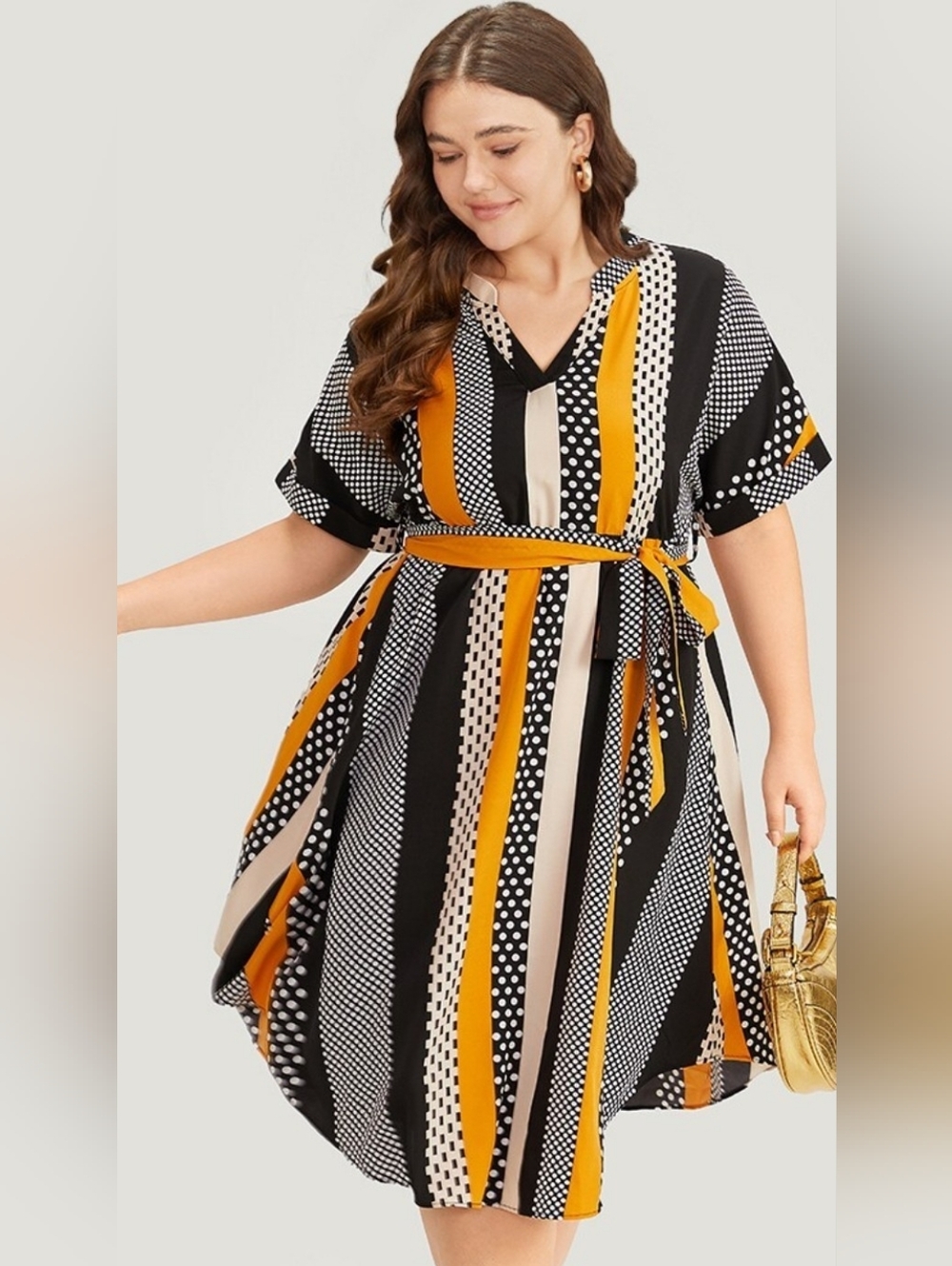 BloomChic Black, Mustard & Cream Striped/ Polka-Dot Tie-Waist Midi Dress Size 1X